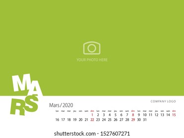 New Year Calendar 2020 French language March modern template green background