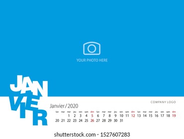 New Year Calendar 2020 French language January modern template blue background