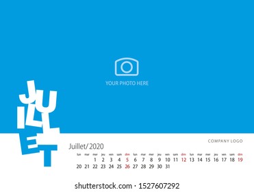 New Year Calendar 2020 French language July modern template blue background