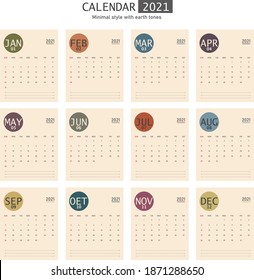 New year calendar 2021 twelve months earth tone Tone in minimalist style