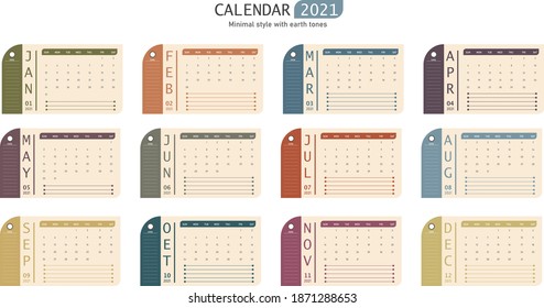 New year calendar 2021 twelve months earth tone Tone in minimalist style