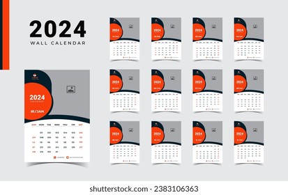  New year calendar for 2024, week start Sunday corporate design planner template. Wall calendar in a minimalist style.