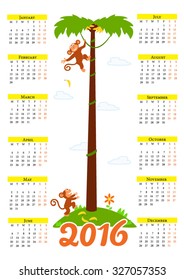 New year calendar with cute cartoon monkey and 2016 figures.Format A2, A3, A4