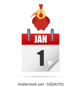 New year. Calendar Date - january 1st. Red rooster - a symbol of the new 2017.