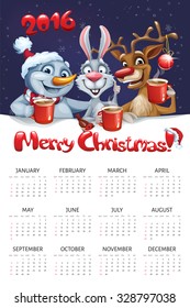 New year calendar with deer, rabbit and snowman. Three characters with tea. Cool vector calendar. 