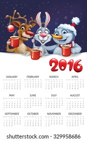 New year calendar with deer, rabbit and snowman. Cool vector calendar. 