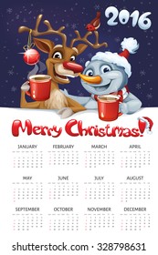New year calendar with deer and snowman. Cool vector calendar. 