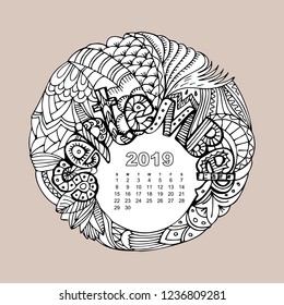 New year calendar grid with lettering September in zentangle inspired style. Christmas mandala. Zen monochrome graphic