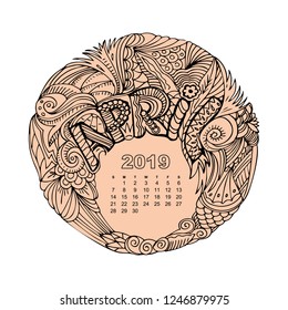 New year calendar grid with lettering April in zentangle inspired style. Christmas mandala. Zen monochrome graphic