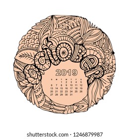 New year calendar grid with lettering October in zentangle inspired style. Christmas mandala. Zen monochrome graphic