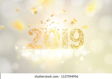 New year calendar label. Golden sign 2018 over gray bokeh background. Vector illustration.