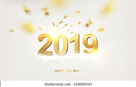 New year calendar label. Golden sign 2019 over gray bokeh background. Vector illustration.