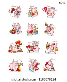 New Year. Calendar with pigs. Chinese New Year. 12 months with funny piglets. Pig is a symbol of the 2019