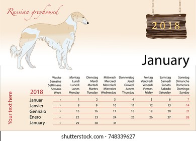 New Year Calendar with symbol of the year dog. Russian Greyhound dog symbol of January month 2018 year on a beige gradient background.