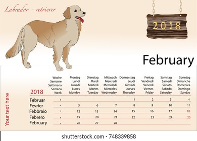 New Year Calendar with symbol of the year dog. Golden Labrador retriever dog symbol of February month 2018 year on a beige gradient background.