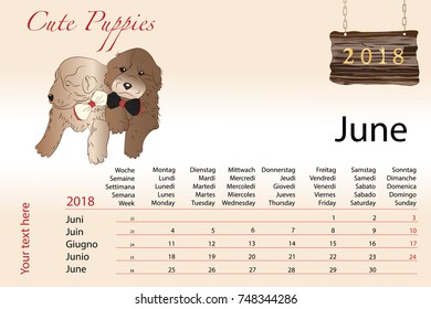 New Year Calendar with symbol of the year dog. Cute puppies symbol of June of the year 2018 on a beige gradient background.