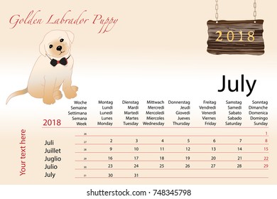 New Year Calendar with symbol of the year dog. Golden Labrador puppy symbol of June of the year 2018 on a beige gradient background.