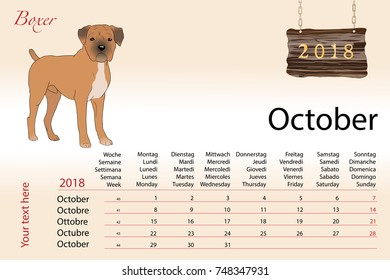 New Year Calendar with symbol of the year dog. Boxer dog symbol of October of the year 2018 on a beige gradient background.