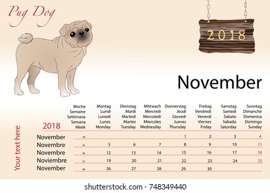 New Year Calendar with symbol of the year dog. Pug Dog symbol of November of the year 2018 on a beige gradient background.