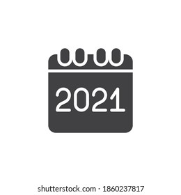Icono vectorial de calendario de año nuevo. signo plano relleno para concepto móvil y diseño web. Icono de glifo de página de calendario 2021. Símbolo, ilustración del logotipo. Gráficos vectoriales