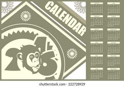 New Year Calendar  in vintage style and retro colors with character, the monkey