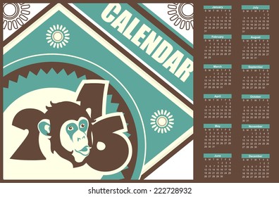 New Year Calendar  in vintage style and retro colors with character, the monkey