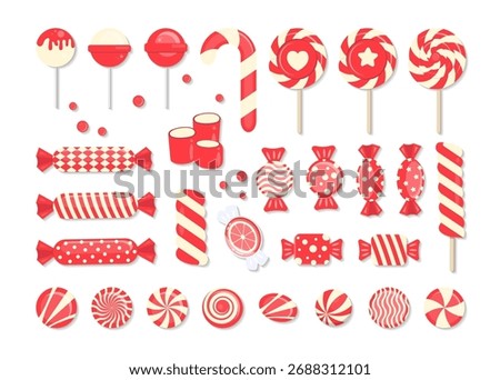 New Year Candies Vector Set. Collection of Christmas Sweets, Candies, Lollipops, Gumballs, Sugar Caramel, and Twisted Marshmallows. 
