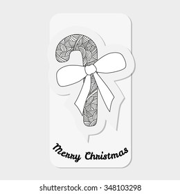 New year candy cane  with  bow and abstract doodle pattern.  Christmas collection. Vector illustration.