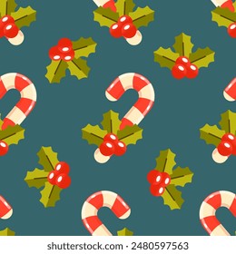 New Year candy cane and Christmas holly berries. Seamless pattern. Vector New Year's Eve repeating background on dark background