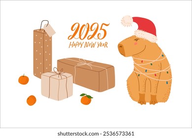 New Year Capybara. Capybara with Santa Claus hat and New Years garland and Gift Boxes. Cute Animal character isolated on white. Largest rodent. Hydrochoerus hydrochaeris. Happy New Year greeting card.