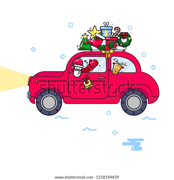 New Year. The car\
carries a Christmas tree. The image of the car in a cartoon style.\
Red car and green Christmas tree. Vector vintage image. The car\
carries gifts and boxes.