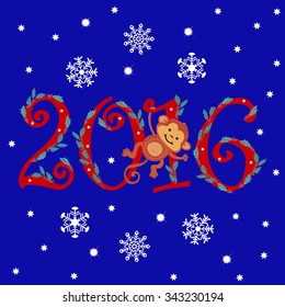 New Year Card 2016 with a monkey. Vector illustration. Illustration for greeting cards, invitations, and other printing projects.