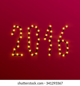 New Year Card 2016 on multicolored blurred background with bokeh. The text of the 2016 of gold Christmas lights on colorful backdrop. 2016 number of garlands with reflection for party invitation