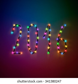 New Year Card 2016 on multicolored blurred background with bokeh. The text of the 2016 colored Christmas lights on colorful backdrop. 2016 number of garlands with reflection for party invitation