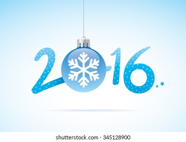 New year card, with 2016 symbol design. Christmas ball with snow flake icon and handwritten letters.