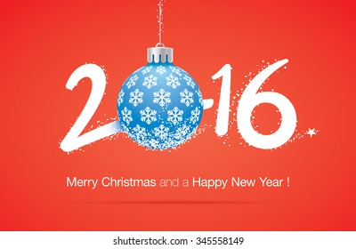 New year card, with 2016 symbol. Christmas ball with snow flakes.