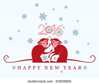 New year Card. 2016. Two red monkey under the snow.