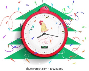 New Year card 2017. Modern clock with a Rooster and a Congratulation.
