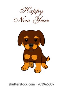 New Year card. 2018 year of the dog. Sitting animated puppy. Vector illustration
