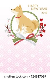 New Year card 2018- Shiba inu and Japanese Wreath Pink color background