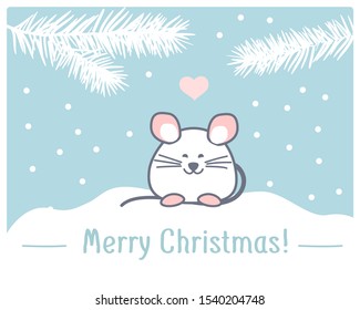 New Year card 2020. Cute white rat on a blue background.