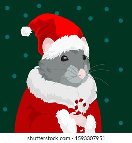 New Year card 2020 with the image of a rat in a suit of Saint Nicholas