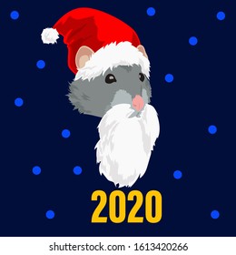 New Year card 2020 with the image of a rat's head in a cap of Saint Nicholas