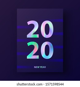 New Year card 2020. Modern cover design with trendy Holographic text. Creative modern concept. Material design. Template for gift card, poster, brochure, magazine, flyer. Vector clipart illustration