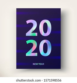 New Year card 2020. Modern poster design in trendy Holographic colours. Creative concept. Greetings and invitations cards. Applicable template for gift card, postcard, poster, brochure, flyer. Vector