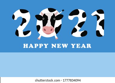 New Year card of the year 2021 with black and white Holstein pattern and a cow