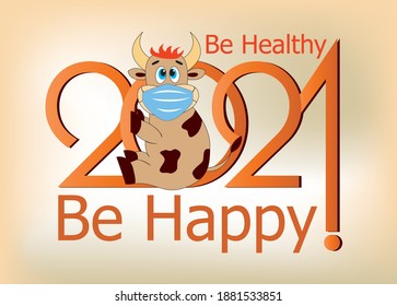 New Year card 2021 with cow or bull in medical mask.