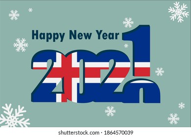 New year card 2021. Depicts an element of the Iceland flag, holiday lettering and snowflakes. It can be used as a promotional poster, postcard, website, or national greeting.