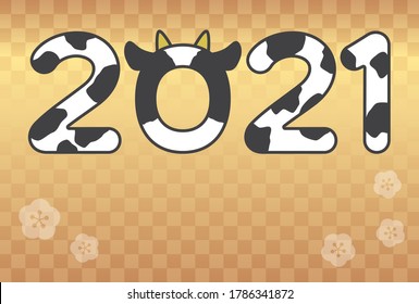 New year card 2021 template, cow pattern 2021 (gold check pattern background) 