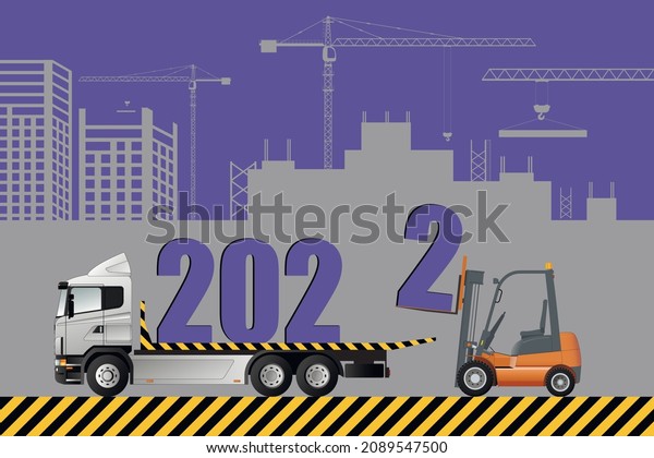 New Year card,\
2022. Forklift truck loads Christmas figurines into the truck.\
Trending color 2022, very\
peri.